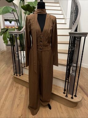 Fashion Nova High-Waist Brown Pinstripe Jumpsuit with Button Front (Medium)